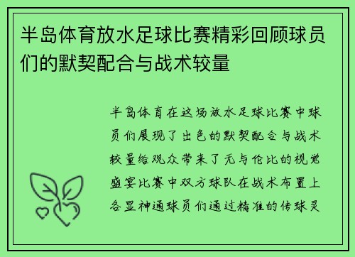 半岛体育放水足球比赛精彩回顾球员们的默契配合与战术较量