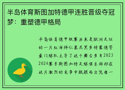 半岛体育斯图加特德甲连胜晋级夺冠梦：重塑德甲格局