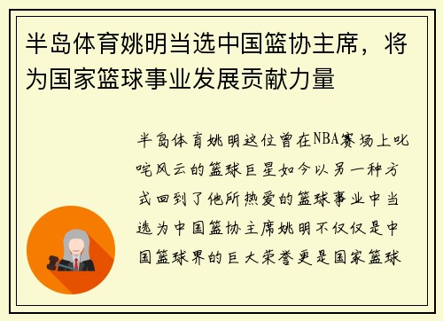 半岛体育姚明当选中国篮协主席，将为国家篮球事业发展贡献力量