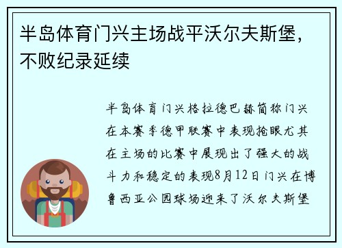 半岛体育门兴主场战平沃尔夫斯堡，不败纪录延续