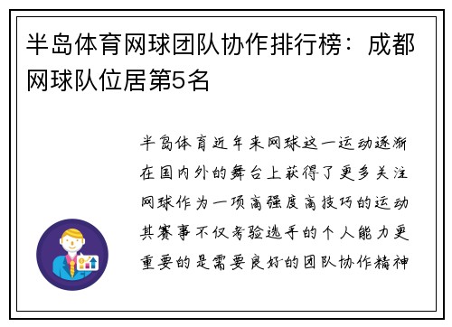 半岛体育网球团队协作排行榜：成都网球队位居第5名