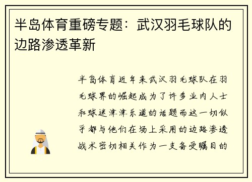 半岛体育重磅专题：武汉羽毛球队的边路渗透革新